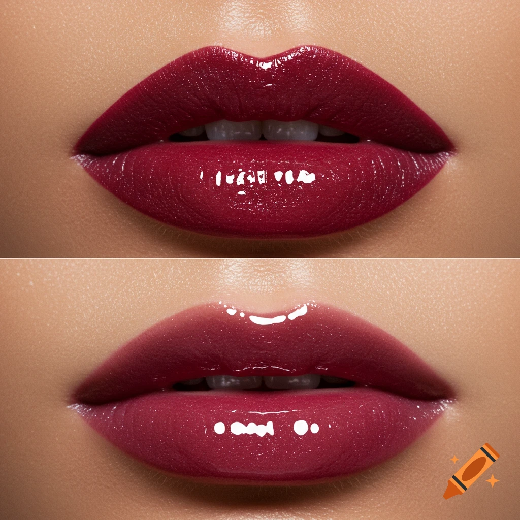 Close-up of a woman's lips, top image shows dark red lip liner with gloss, bottom shows pinkish-red glossy lips.