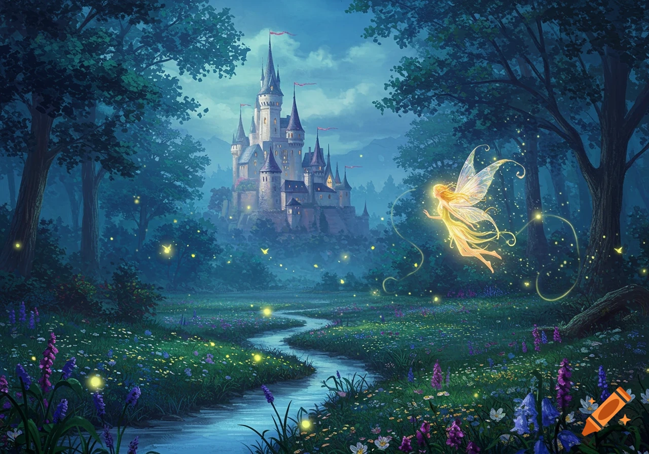 A glowing fairy flies over a winding stream in a magical forest with a distant castle under a twilight sky, digital illustration.