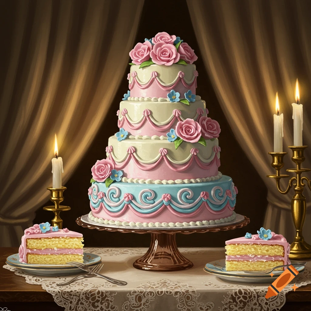 Painterly five-tiered cake with pink, white, blue frosting, roses, and lit candles, with cake slices on a lace table.