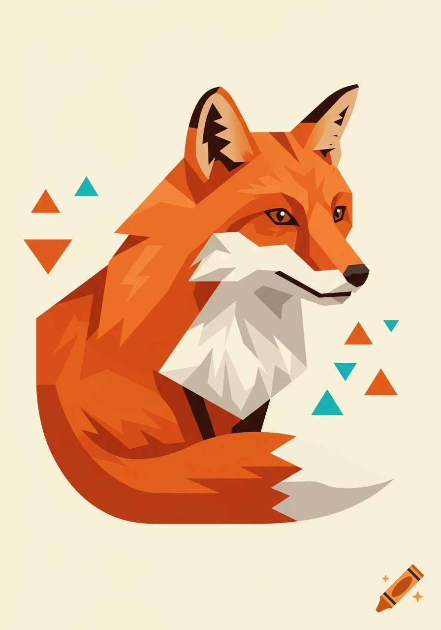 A minimalist, geometric illustration of an orange fox with white fur, accented by colorful tribal triangles on a cream background.