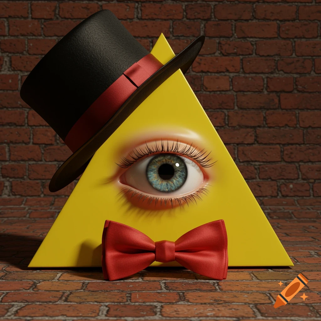 Ultra realistic yellow triangle with a human eye, wearing a black top hat and red bow tie, against a brick wall.