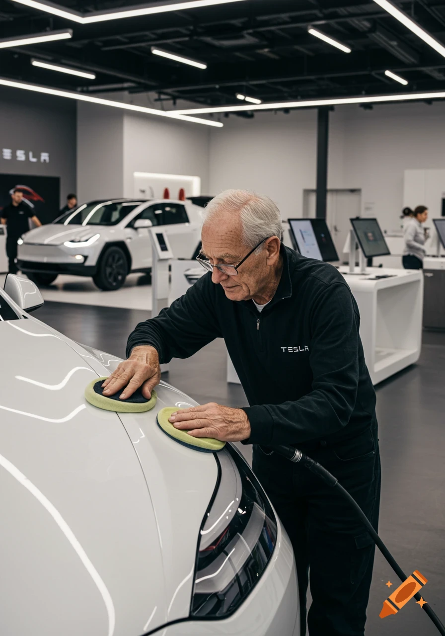 An old man in a black shirt polishes a white Tesla car in a showroom, with other Tesla models in the background. Photorealistic style.