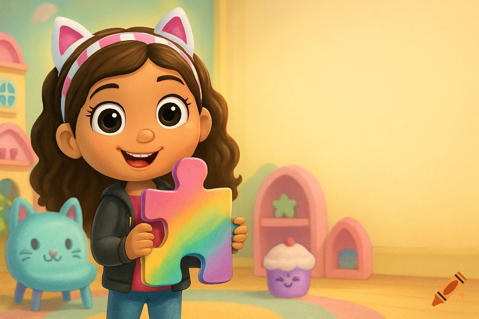 A happy cartoon girl wearing cat ears holds a rainbow puzzle piece in a colorful room with toy cats and cupcakes.
