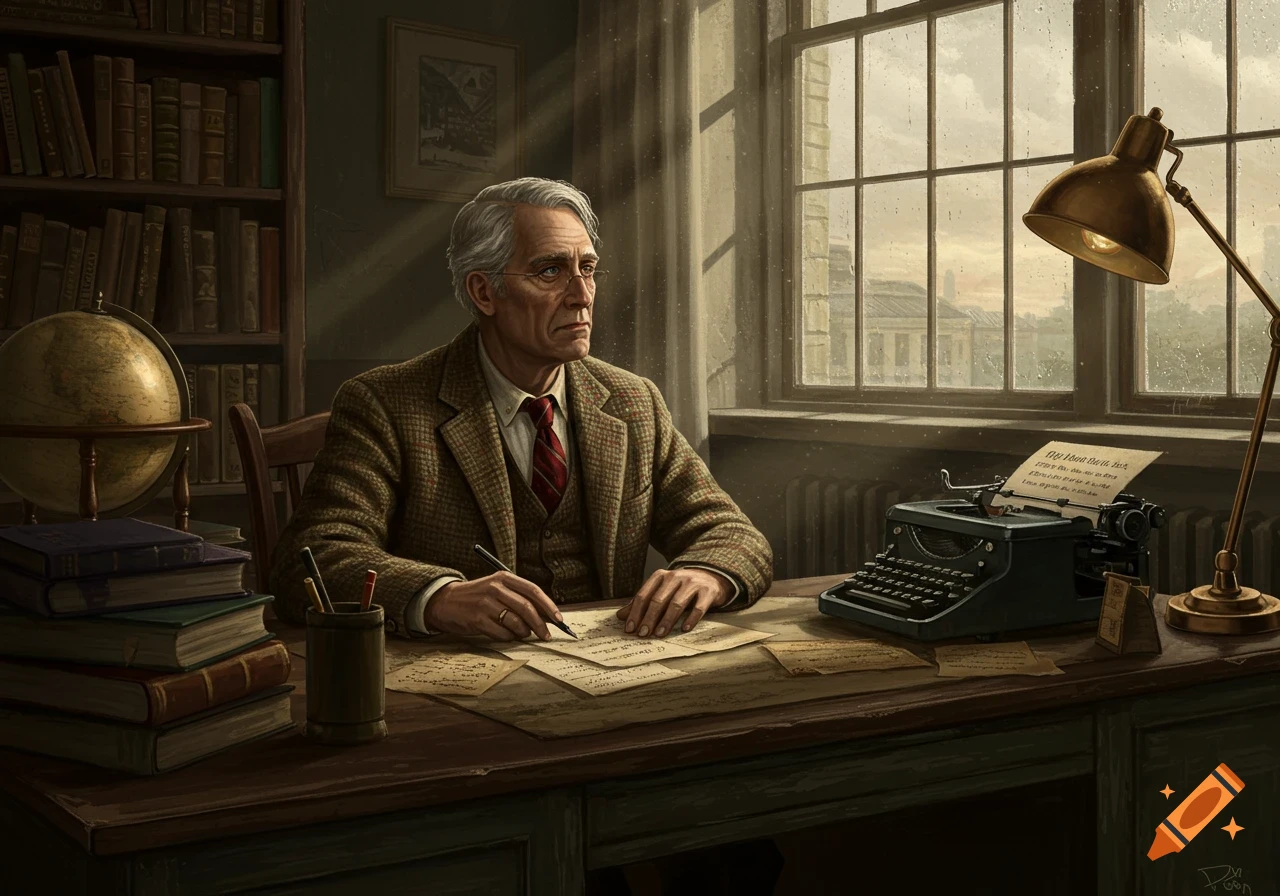 An older professor writes at his desk in a dimly lit study with books and a globe, a window showing a rainy day.