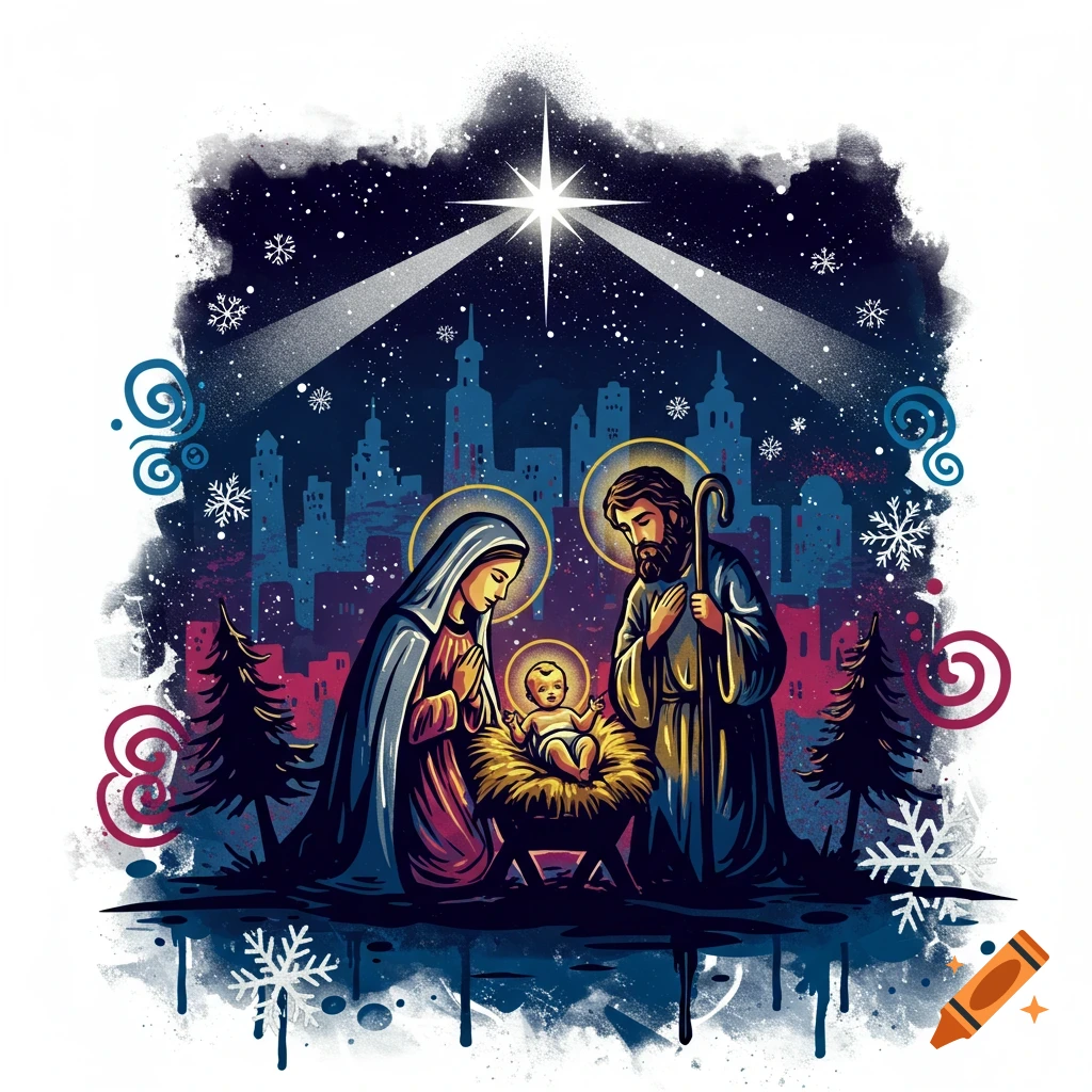 Stylized street art nativity scene with Mary, Joseph, and baby Jesus under a bright star, surrounded by snowflakes and a cityscape.