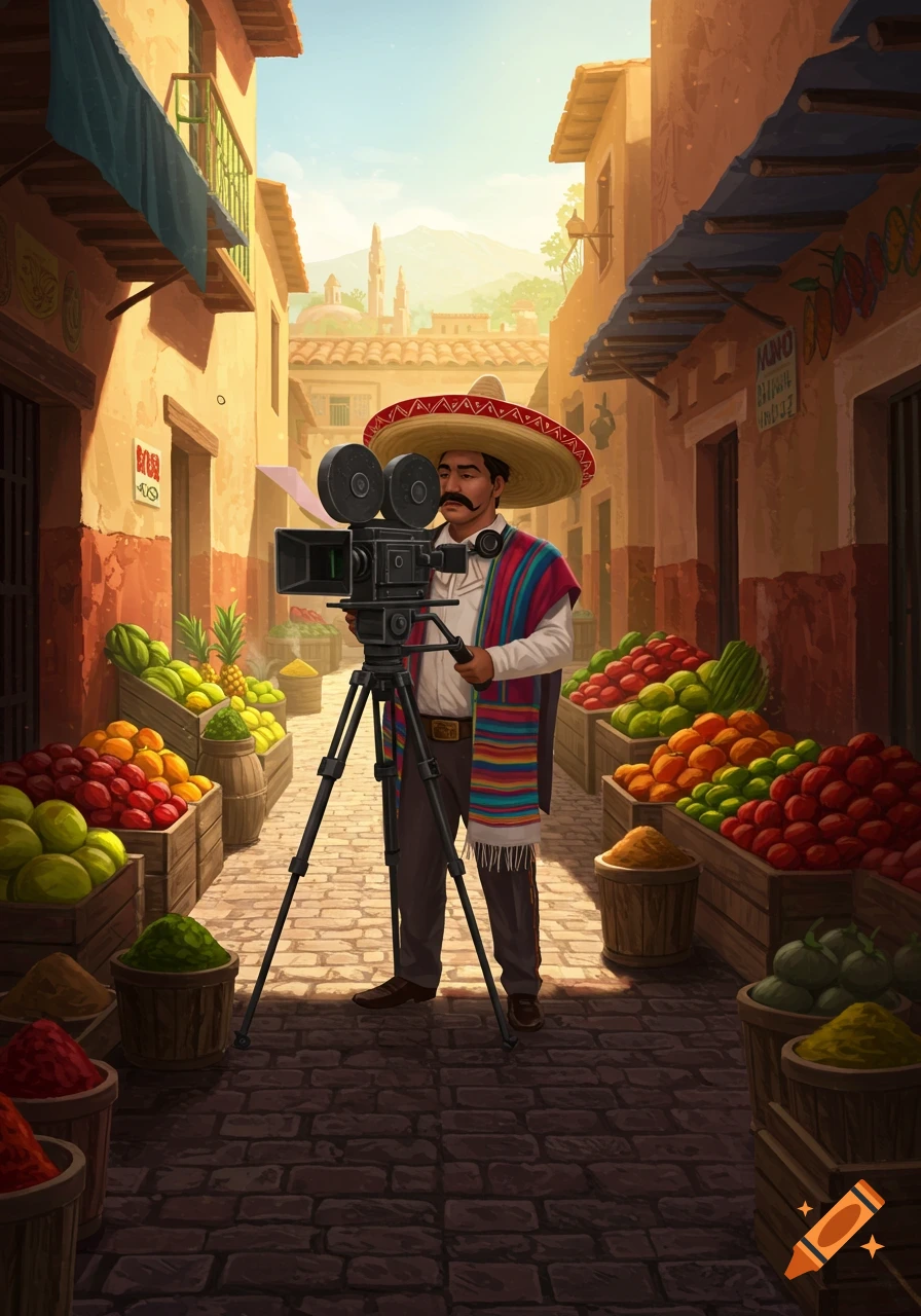 A Mexican man in a sombrero and serape operates a vintage camera on a bustling market street filled with fruit stalls.