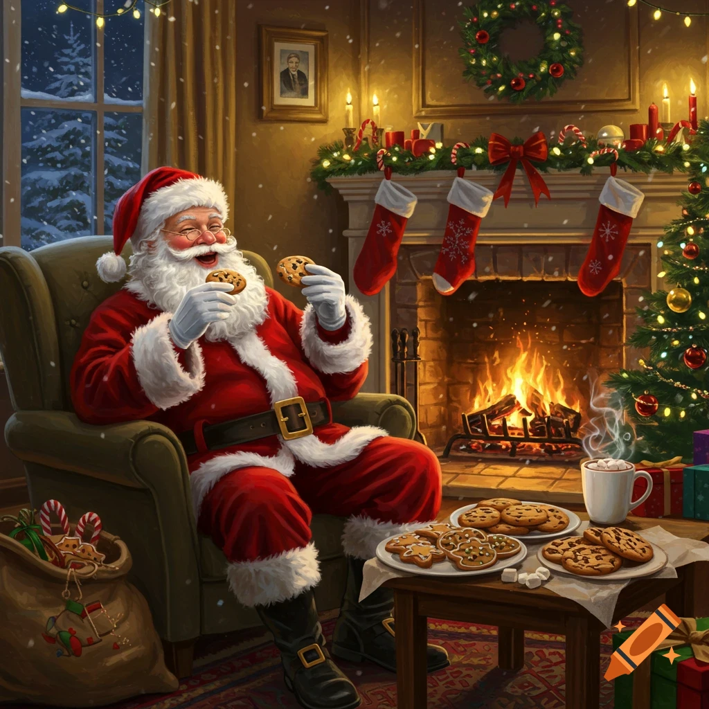 Santa Claus in a red suit happily eating chocolate chip cookies in a cozy living room with a fireplace and Christmas tree.