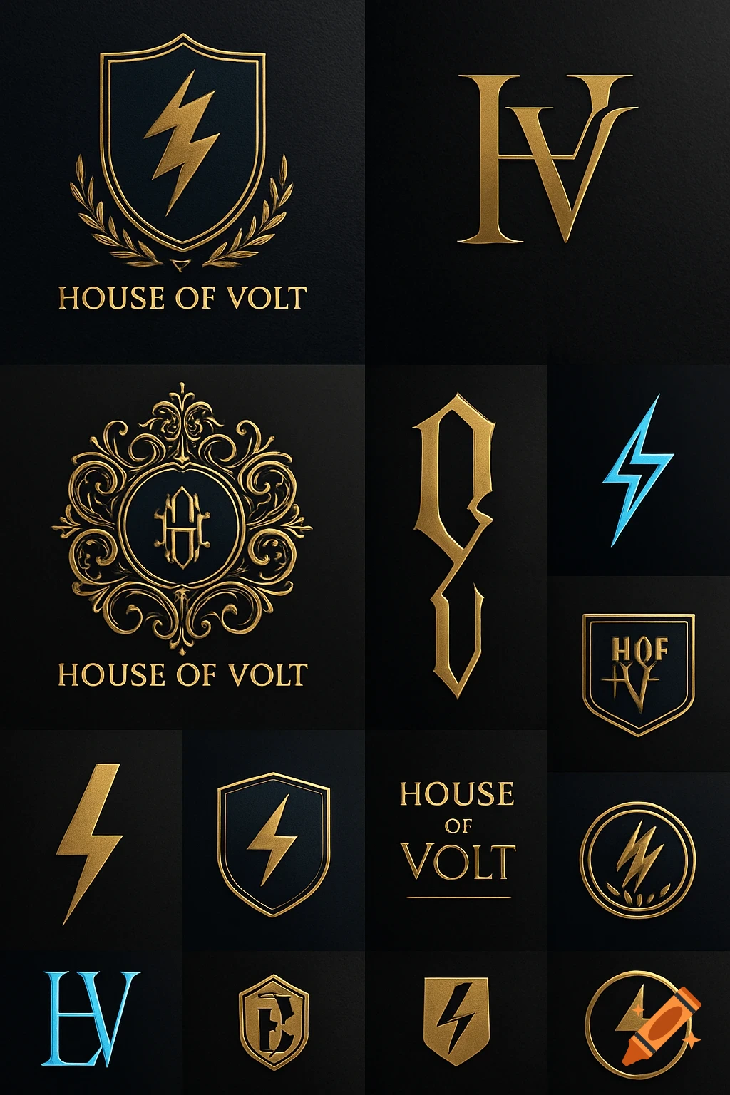 A grid of luxury logo concepts for 'House of Volt', featuring golden shields, monograms, and lightning bolts on a dark background.