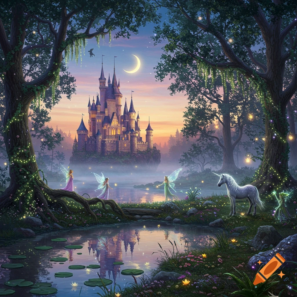 A fantasy fairytale landscape at sunset with a castle, fairies, and a unicorn by a misty lake in an enchanted forest.