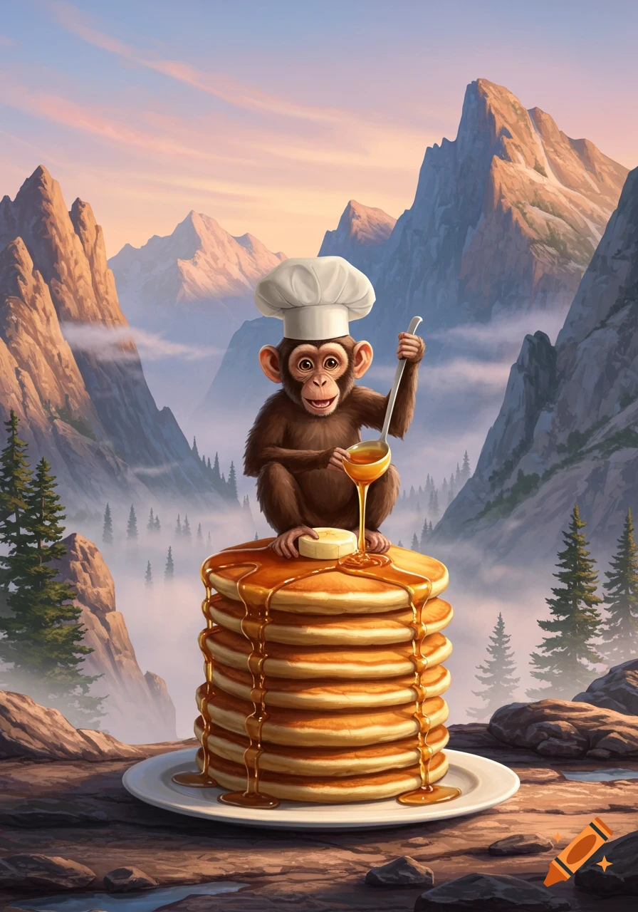 A cartoon monkey chef wearing a toque pours syrup onto a tall stack of pancakes, with mountains and mist in the background.