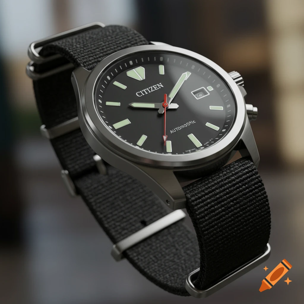 A close-up, photorealistic shot of a Citizen watch with a black dial, luminous markers, and a black NATO strap.