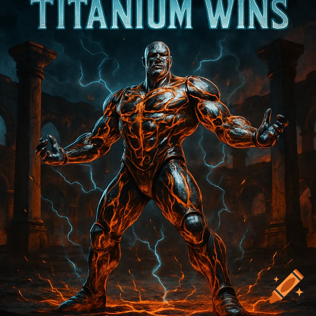 A muscular, lava-skinned warrior stands in crumbling ruins amidst lightning and fire effects. Text at the top reads "TITANIUM WINS".