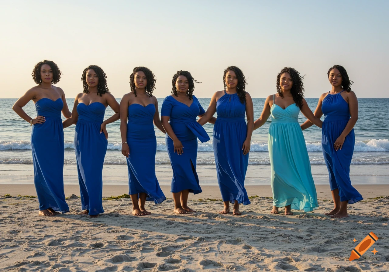 Seven African American women in various blue and teal dresses stand barefoot in a line on a sandy beach with the ocean behind them.