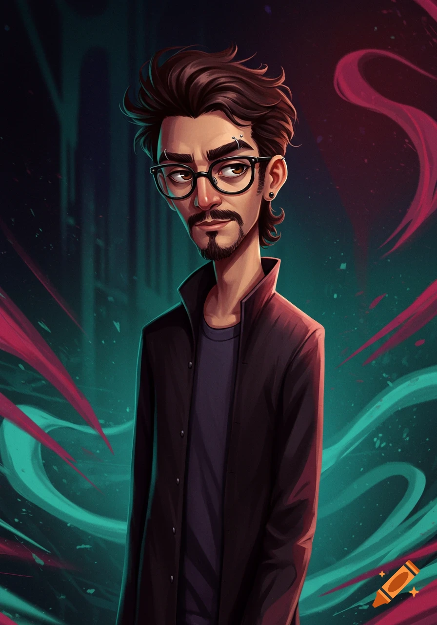 Stylized portrait of a Latino man with messy brown hair, glasses, goatee, and eyebrow piercing, in Gachiakuta art style.