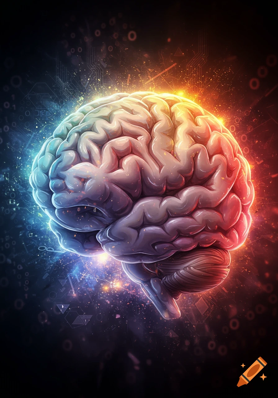 A vibrant, stylized human brain split into glowing blue and red halves with digital circuit patterns in the background.