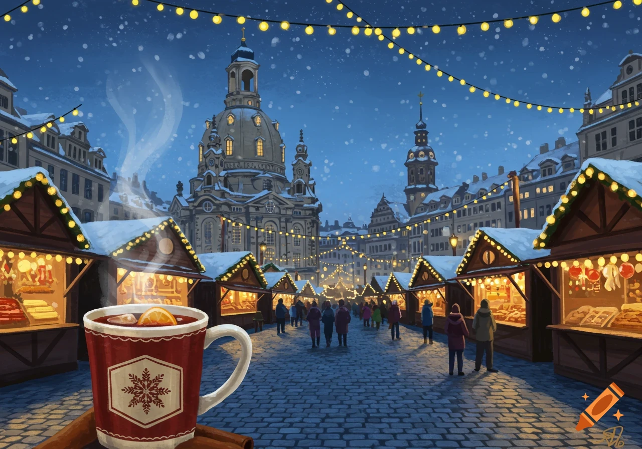Illustration of a snowy Christmas market in Dresden at dusk, with the Frauenkirche and a steaming mug of mulled wine in the foreground.