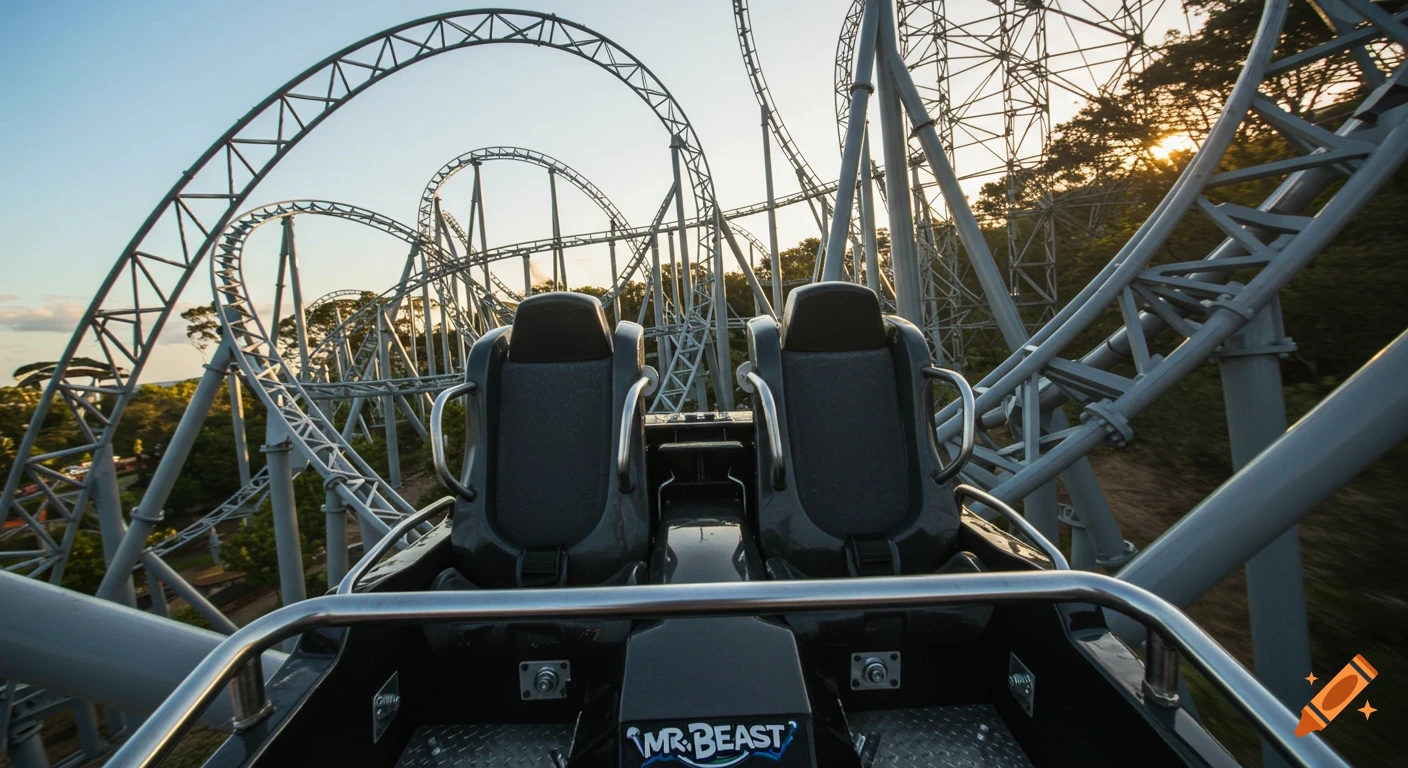 Photorealistic POV from empty seats on a roller coaster, looking up at its track with loops and curves against a bright sky.