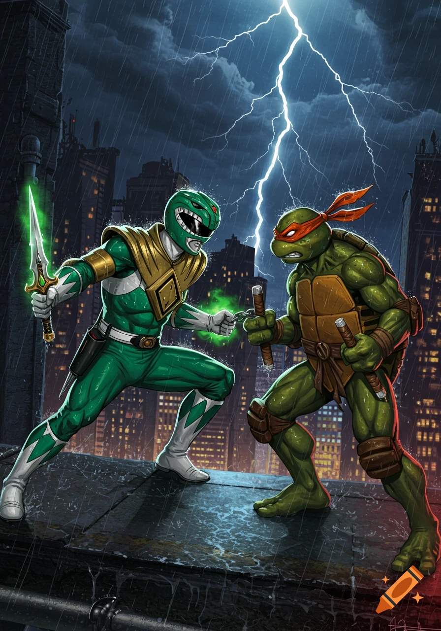 Green Power Ranger faces Michelangelo on a stormy, rainy city rooftop under lightning, comic art.