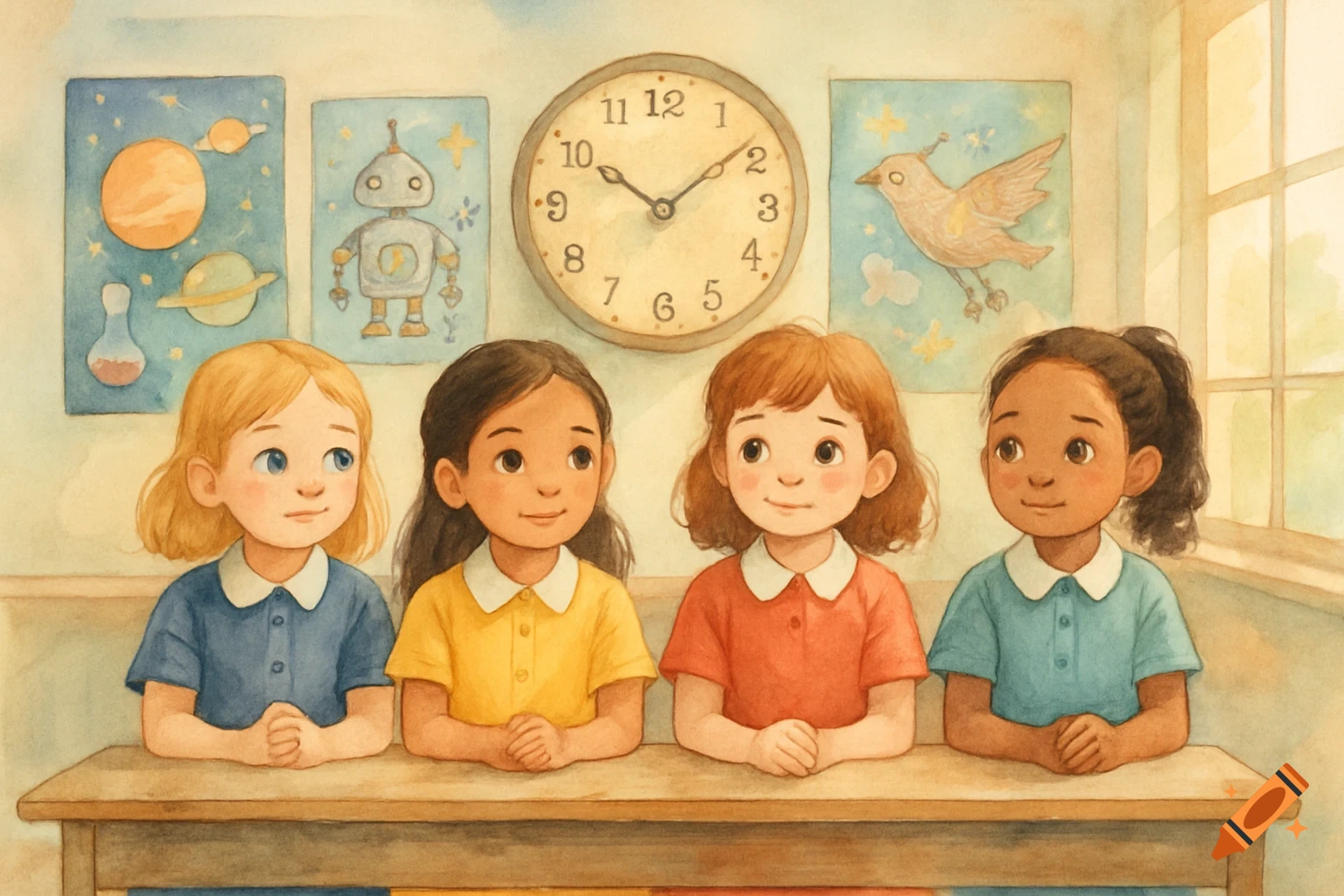 Four diverse schoolgirls sit at a desk in a watercolor classroom with a clock and science posters on the wall.