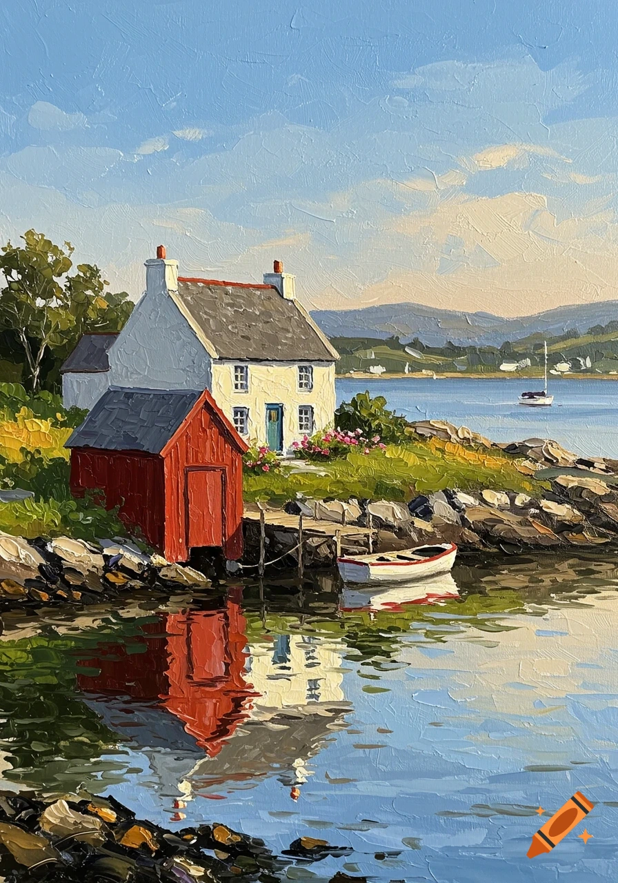 Oil painting of a white house and red boathouse by the water with mountains in the background and a small boat.