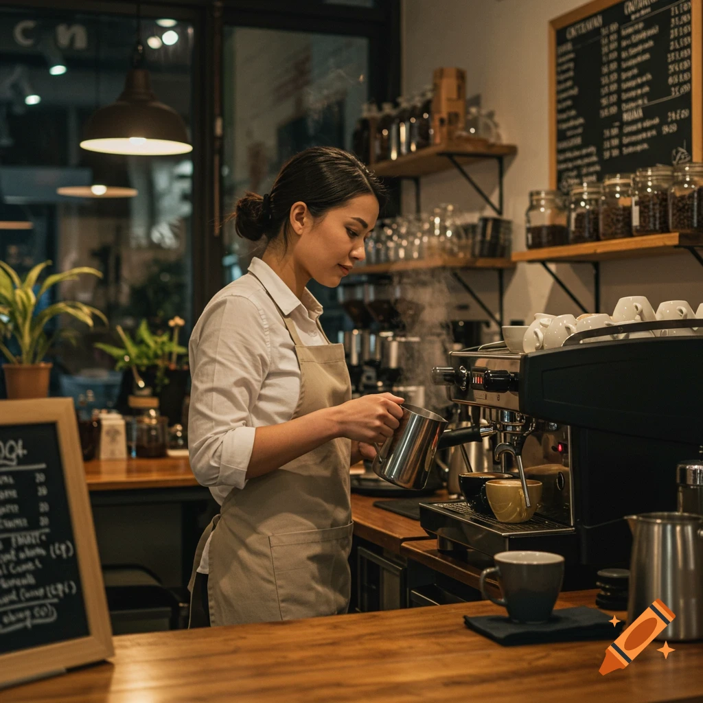 A female barista in a beige apron steams milk using an espresso machine in a warm, rustic-modern coffee shop.