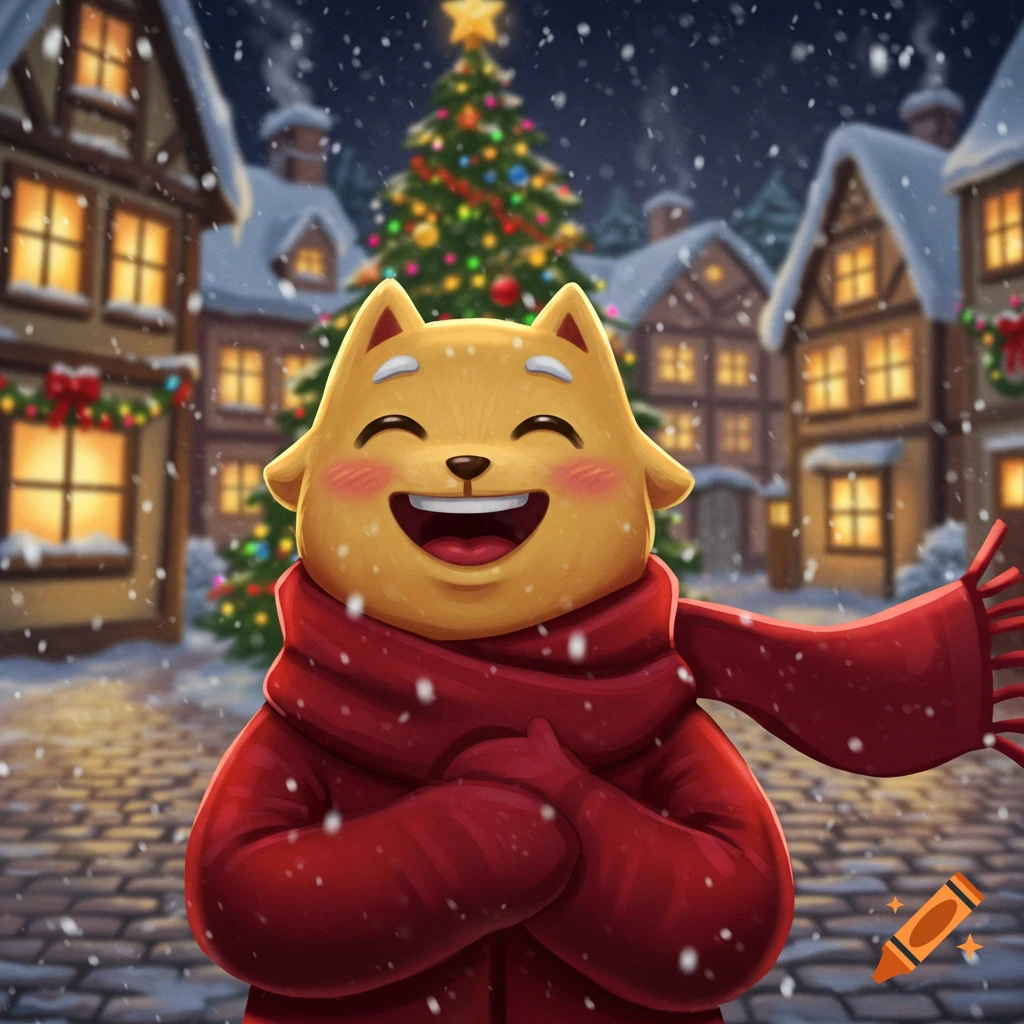 A cheerful cartoon cat in a red scarf and coat smiles in a snowy village with a decorated Christmas tree.