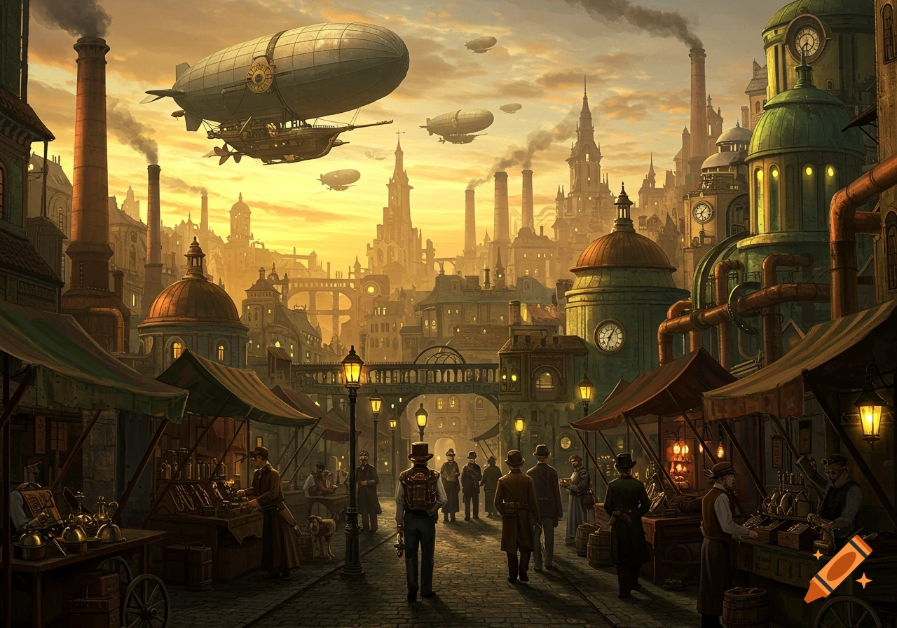 A detailed steampunk cityscape at sunset, with large airships flying over a market street bustling with people and industrial buildings.
