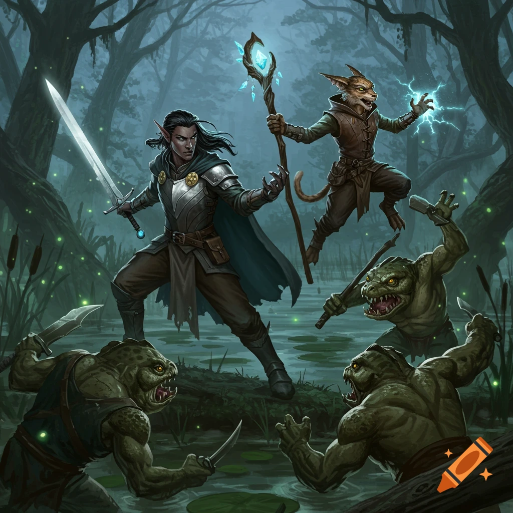 A fantasy battle in a misty swamp features a half-elf paladin and a cat-person wizard fighting three bullywugs.