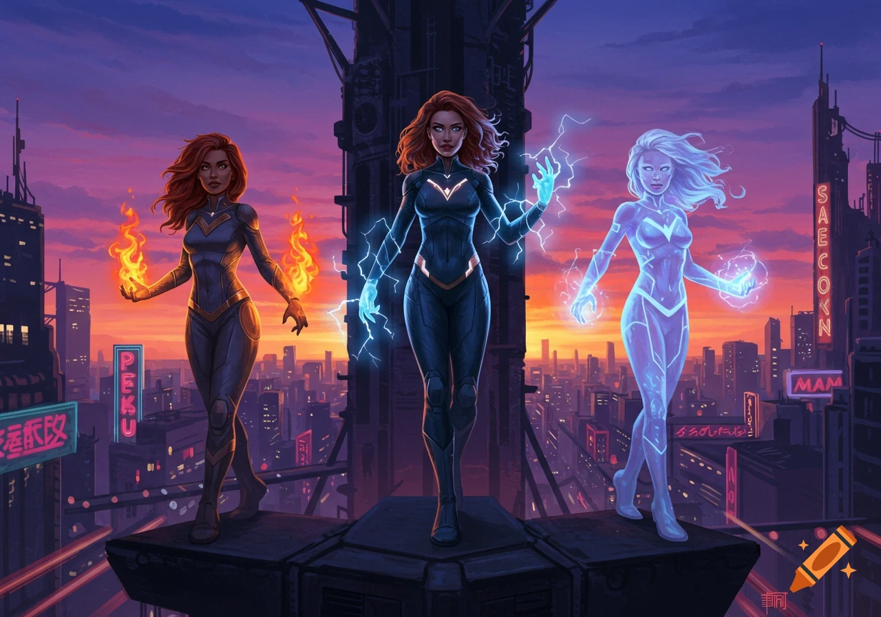 Three female superheroes with elemental powers stand on a rooftop overlooking a futuristic city at sunset, comic book style.