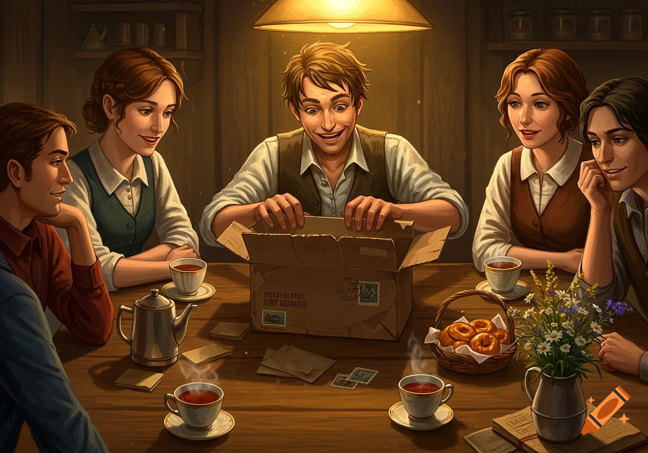 A group of friends gathered around a table, watching a man excitedly open a package, with tea and donuts present.