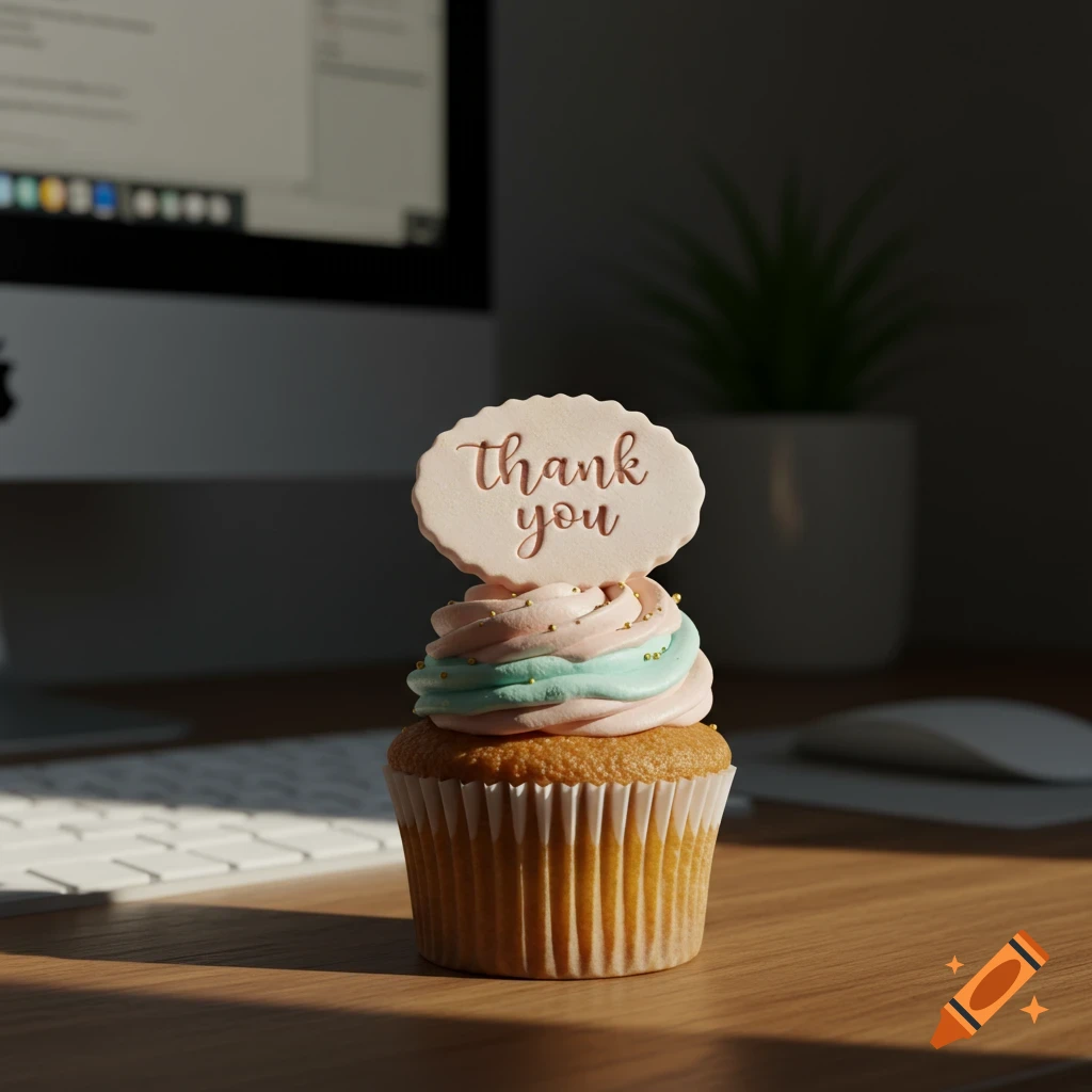 Photorealistic image of a cupcake with 'thank you' sign on a wooden computer desk, monitor and plant in background.