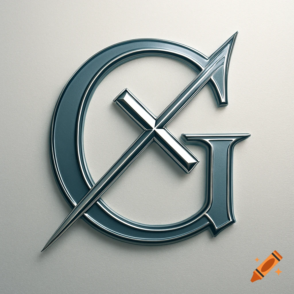 A 3D metallic dark teal letter G with a silver cross passing through it, on a light background.