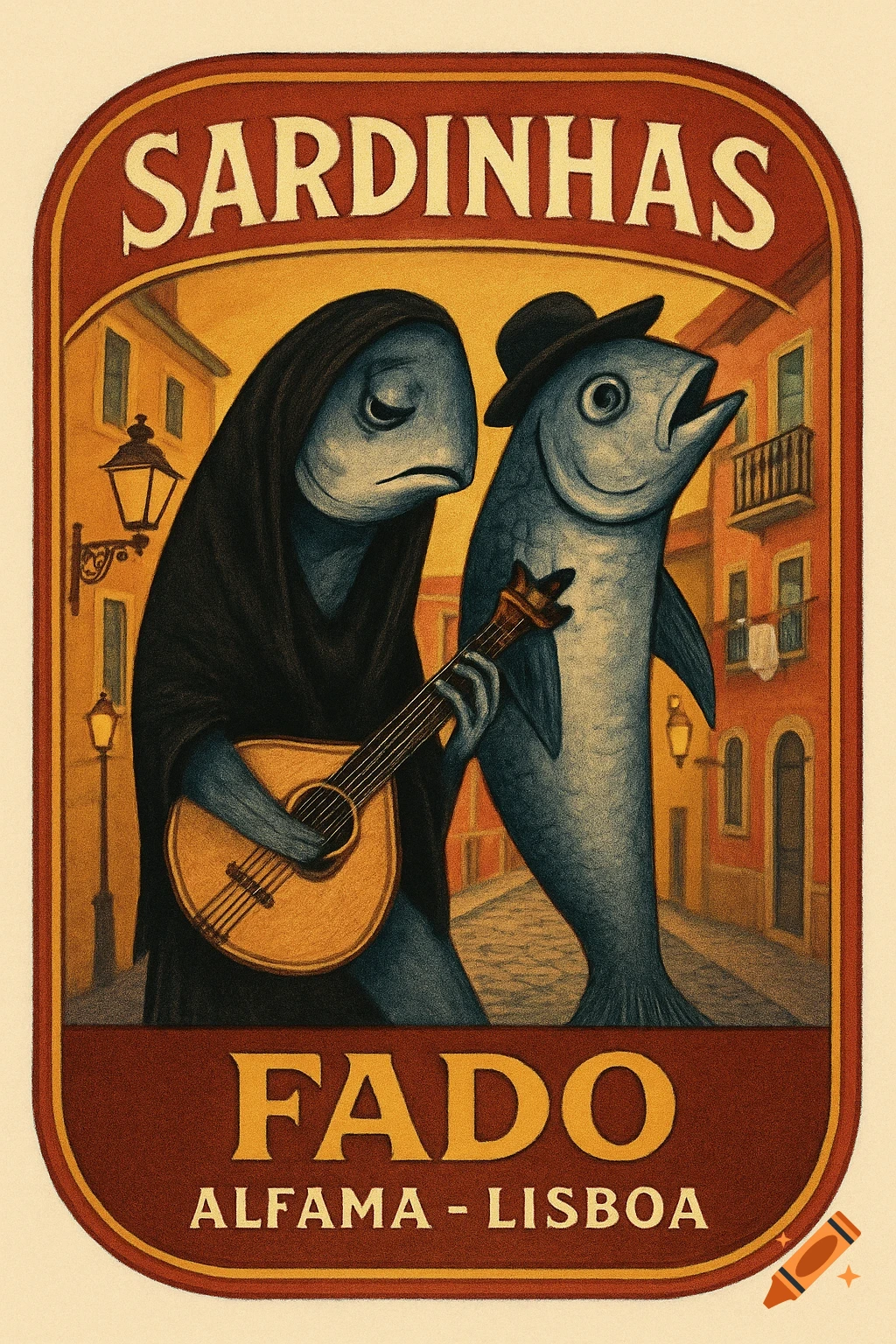 Vintage illustration of two anthropomorphic sardines, one in a black cloak playing a guitar with a sad expression, the other in a hat singing, on a sardine can label. Text reads SARDINHAS, FADO, ALFAMA - LISBOA. Background is a warm-toned Lisbon street.
