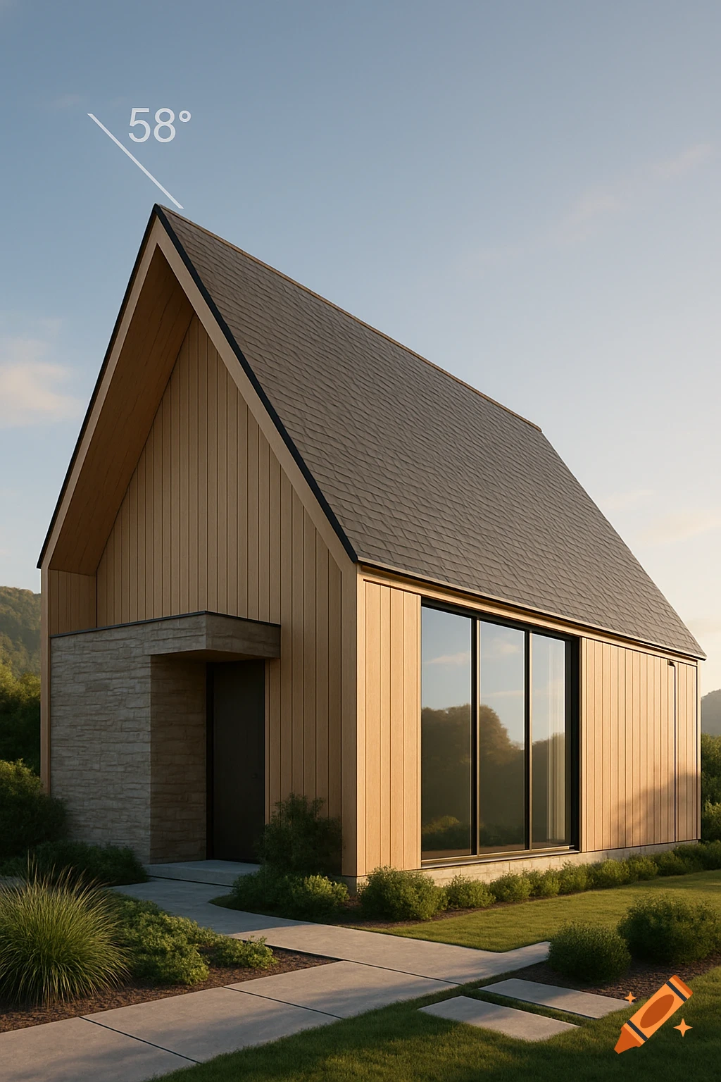 A modern, minimalist house with a wooden facade, dark gable roof, large windows, and landscaped path under a bright sky, with a "580" annotation.