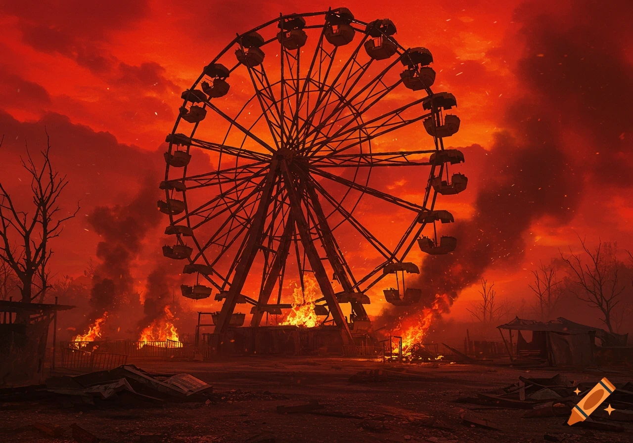 An abandoned Ferris wheel stands engulfed in flames under a vivid red, smoke-filled apocalyptic sky.