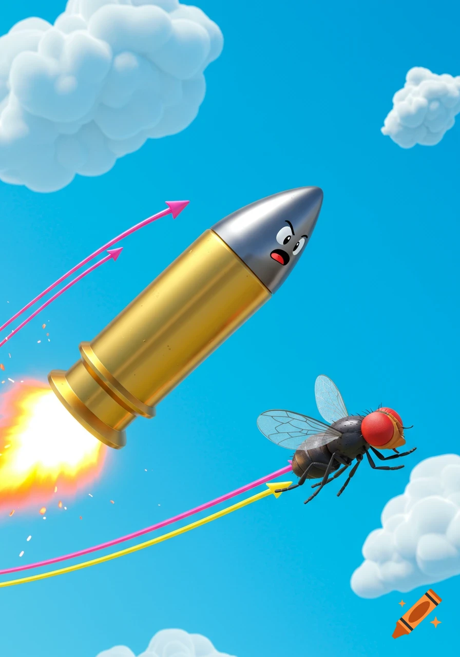 A whimsical 3D cartoon of an angry bullet-rocket with fire exhaust racing a fly through a blue sky with clouds.