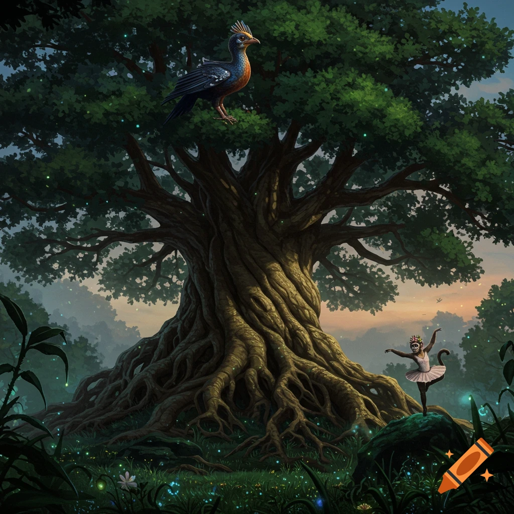 A crested bird perches on a giant tree's canopy while a capuchin ballerina dances below in a mystical forest.