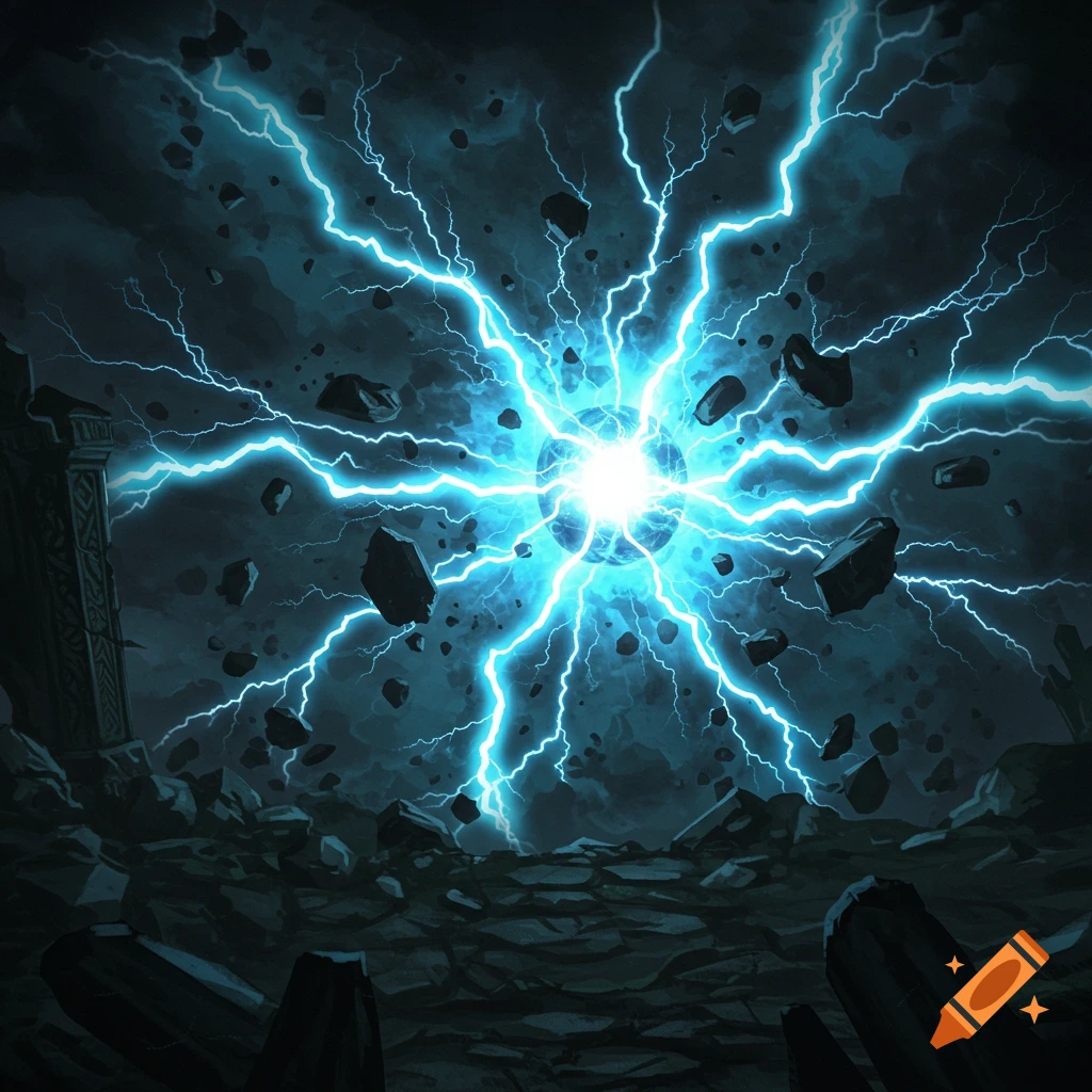 A vibrant blue lightning explosion bursts from a central orb, surrounded by flying rocks and dark clouds over a rocky, broken ground with ruined structures.