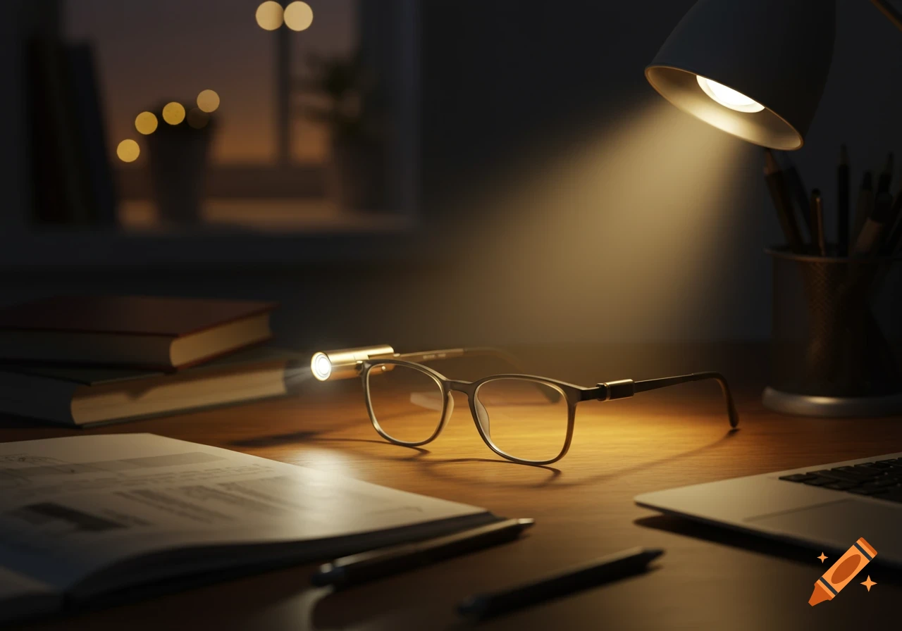 Eyeglasses with a mini light on a wooden desk, illuminated by a desk lamp next to books and a laptop.