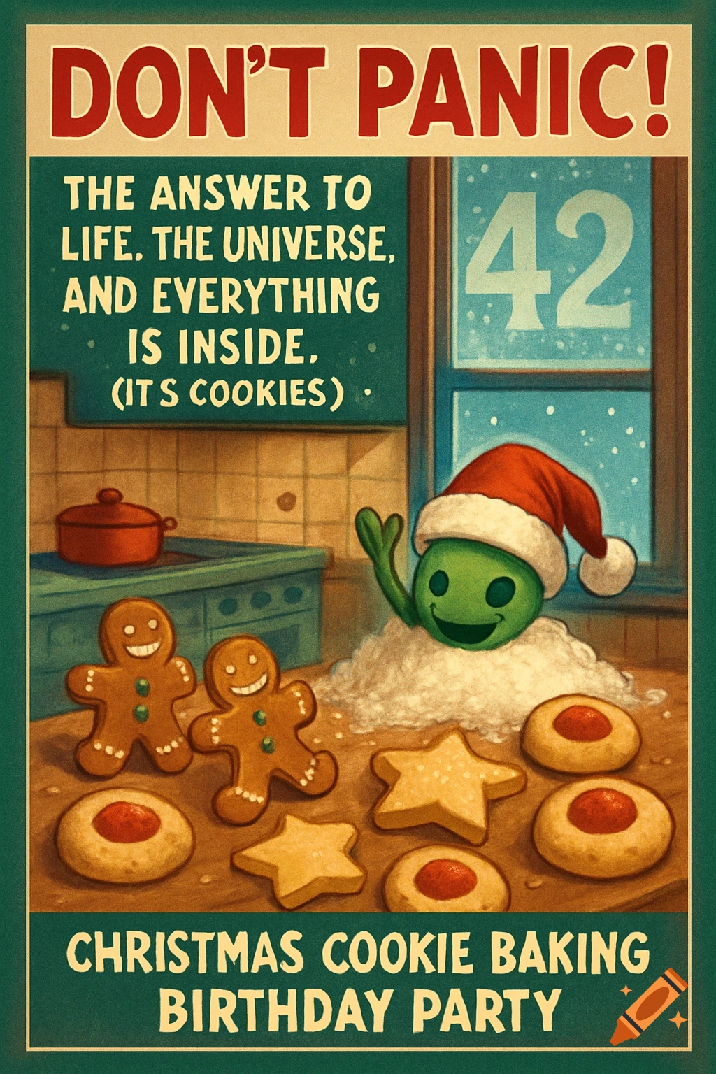 A vintage-style Christmas poster with text, gingerbread men, and other cookies surrounding a green alien-like character in a Santa hat.