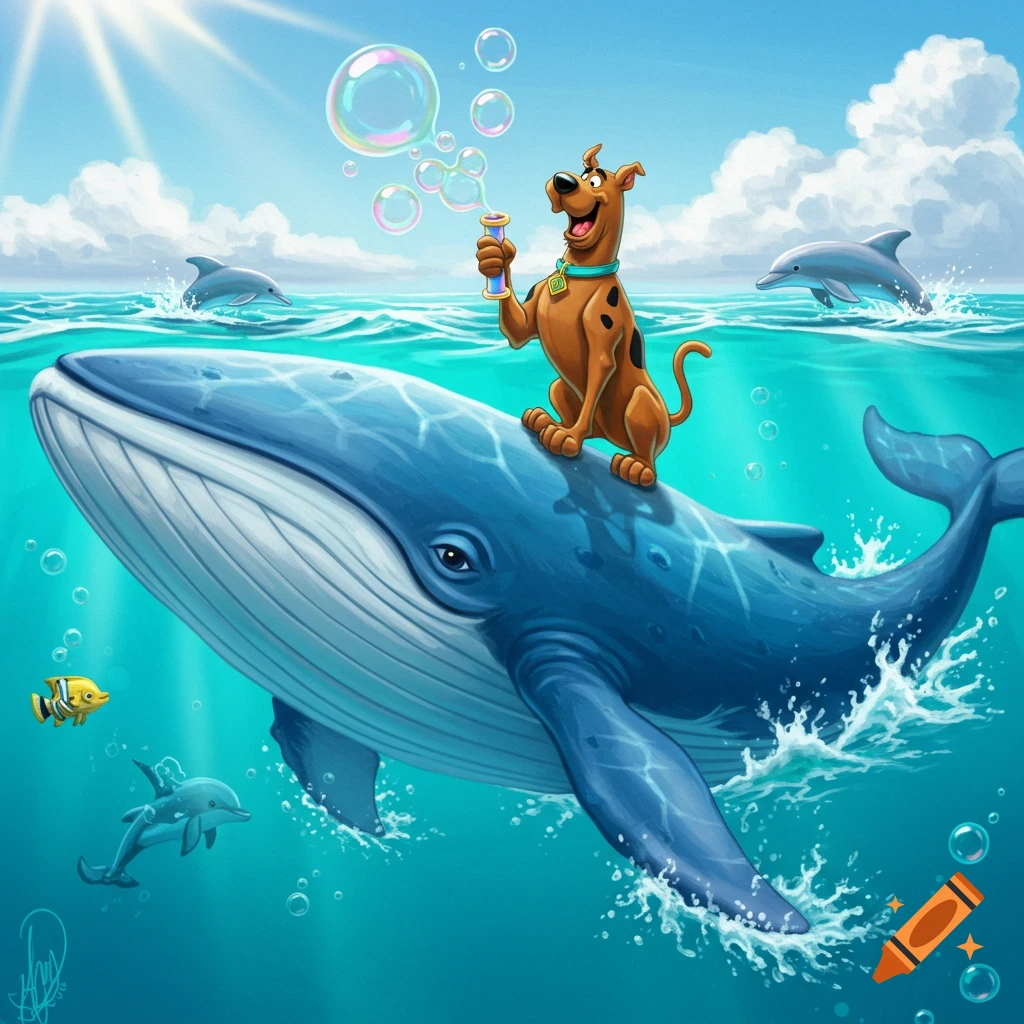 Cartoon Scooby-Doo riding a whale and blowing bubbles in a vibrant blue ocean with dolphins, under a sunny sky.