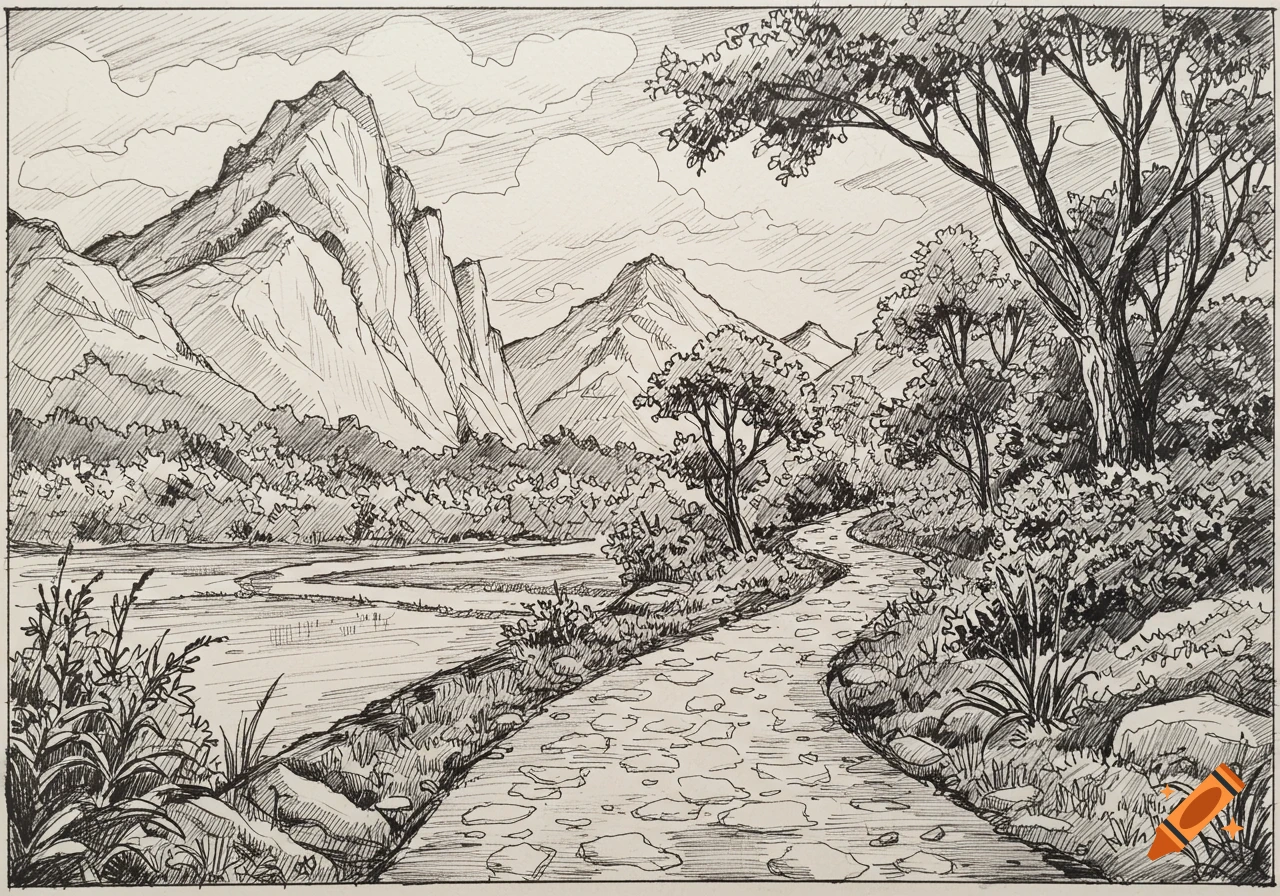 Black and white sketch of a winding stone path through a natural landscape with mountains, trees, and a river.