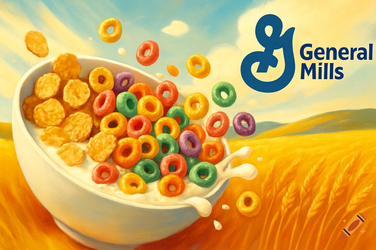 Painterly image of colorful cereal spilling from a bowl of milk, with the General Mills logo and wheat field background.