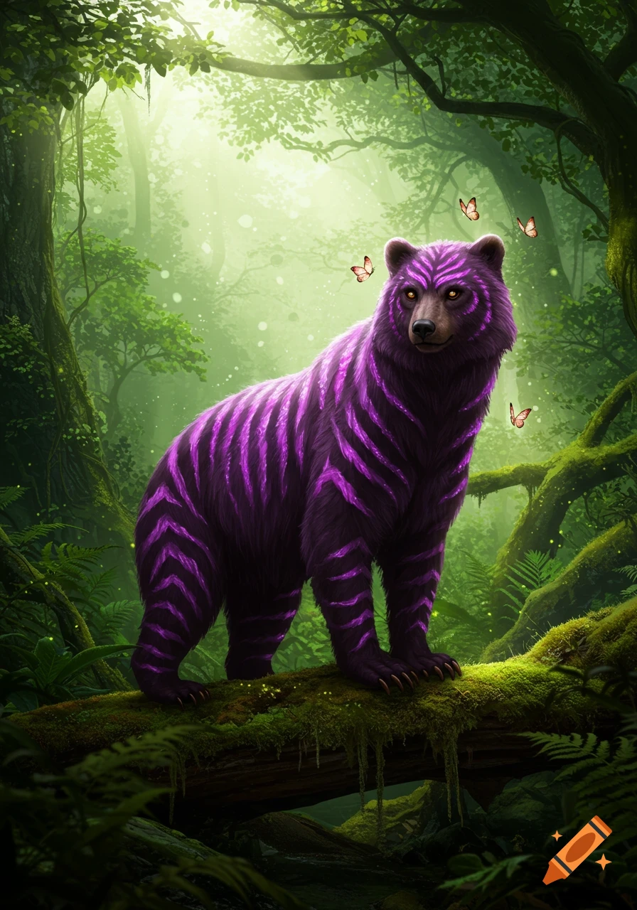 A vibrant purple-striped bear with glowing eyes stands on a mossy log in a misty, lush green rainforest with butterflies.