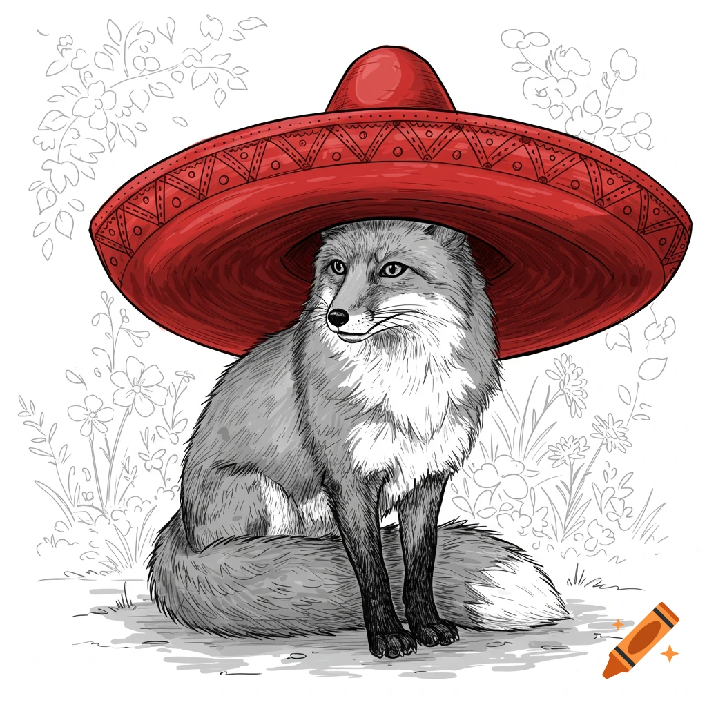 Gray fox wearing a large red sombrero, sitting amidst line art flowers in a black and white illustration.