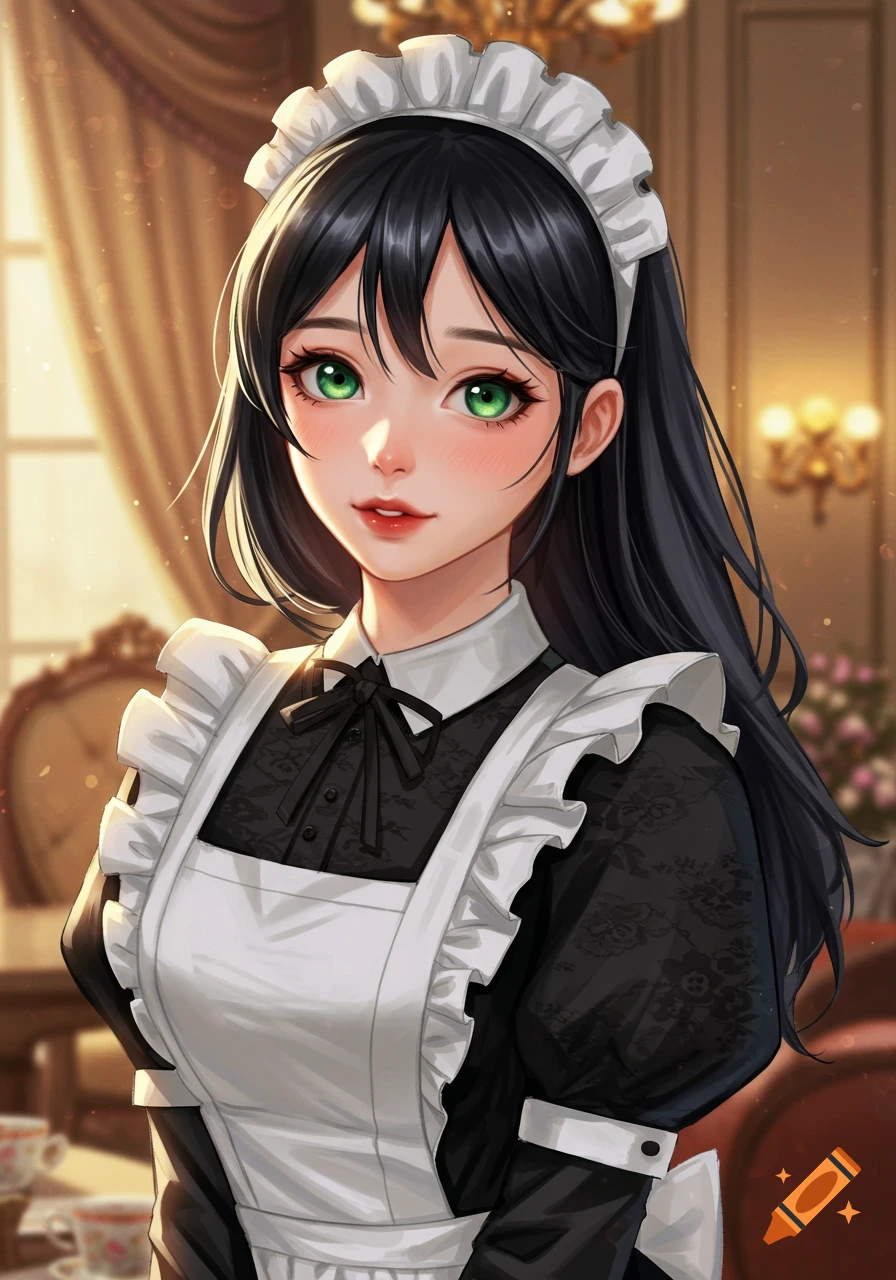 Anime-style young woman with black hair and green eyes, blushing in a frilly black and white maid uniform.