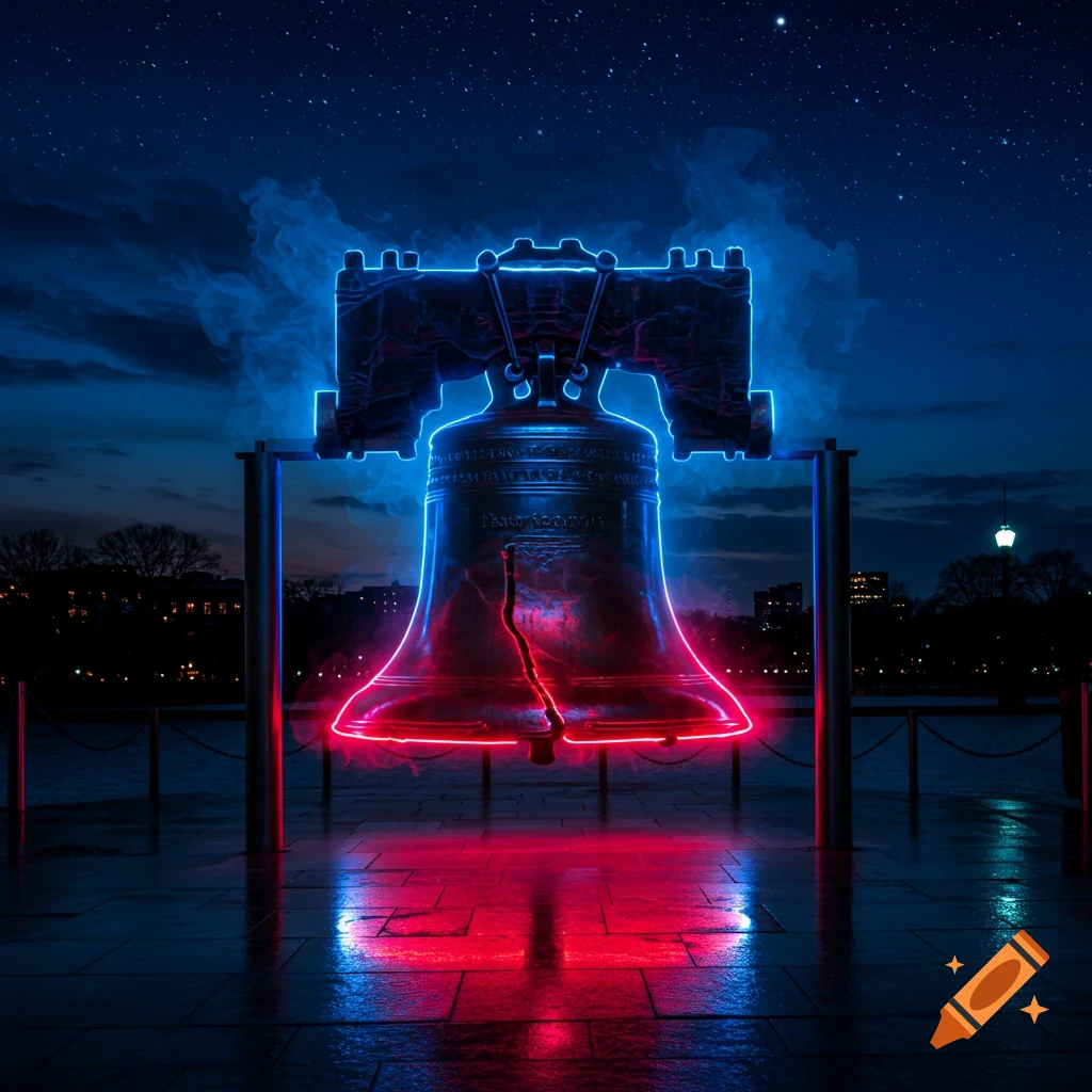 A neon-lit Liberty Bell glows red and blue at night, reflecting on a wet ground under a starry sky.