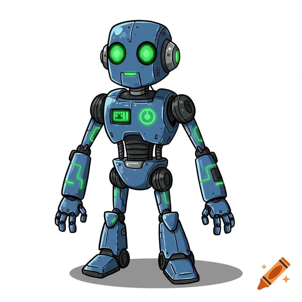 Cartoon blue robot with green glowing eyes and chest details, standing on a white background.