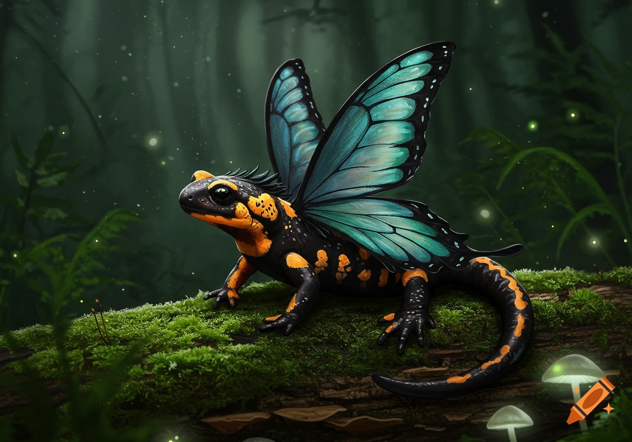 A dark salamander with bright orange markings and large blue butterfly wings sits on a moss-covered log in a mystical forest.