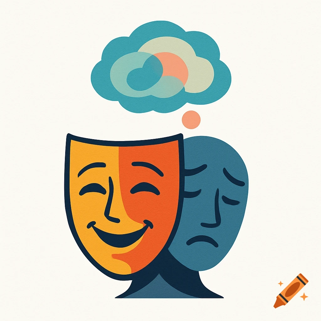 A stylized logo of a happy orange and yellow mask in front of a sad blue mask, with an abstract thought bubble above.